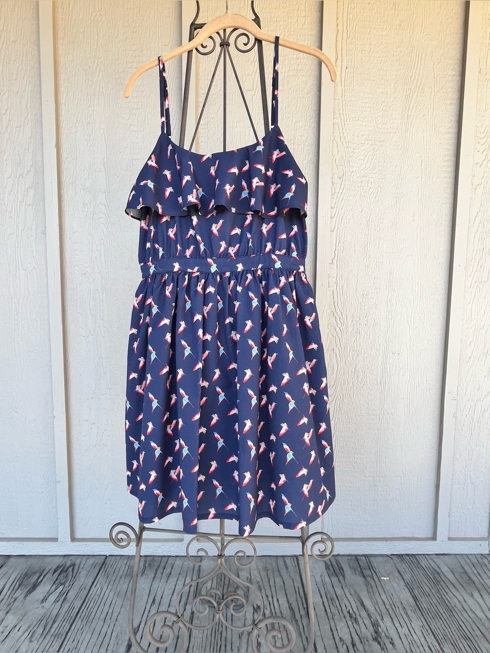 Pink Martini Dress Navy Pink Bird Print Ruffle Sleeveless Spaghetti Straps XS